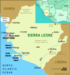 Map showing the town of Bonthe in Sherbro Island, Sierra Leone.